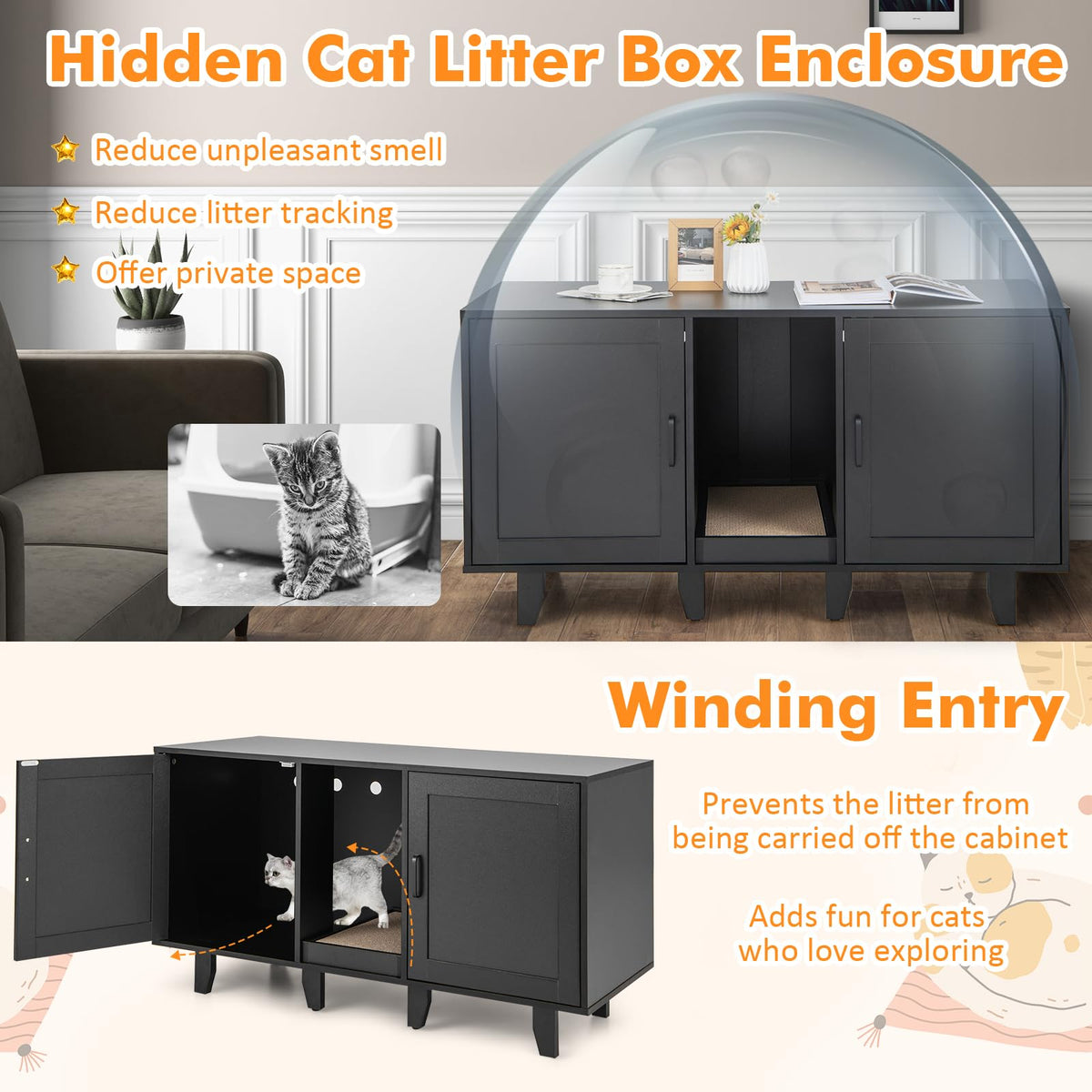 Clover Double Cat Litter Box Enclosure & TV Stand with Scratching Board, Black