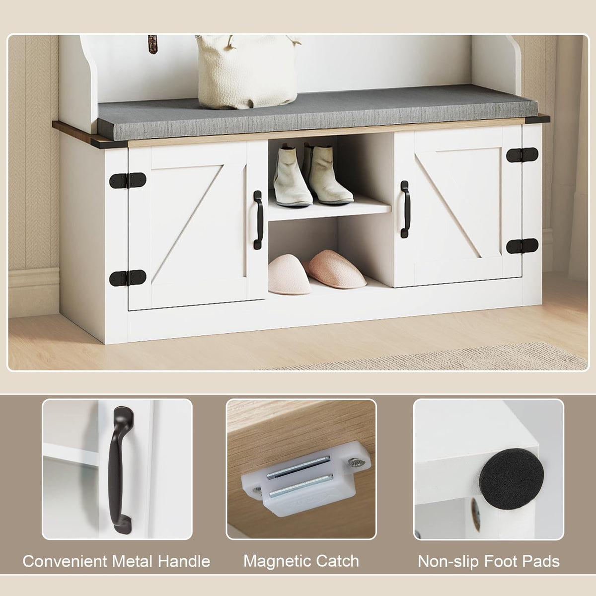 Gwendolyn 4-in-1 Farmhouse Hall Tree with Cushioned Shoe Bench