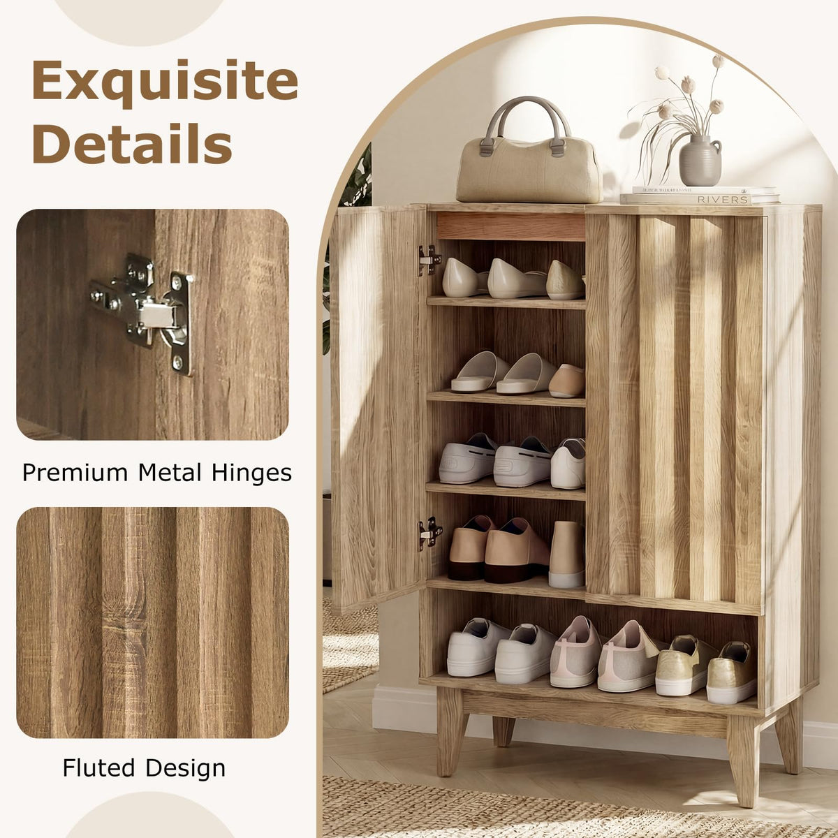 Agnes Fluted Shoe Cabinet with 2 Doors & 5 Shelves, Rustic Oak