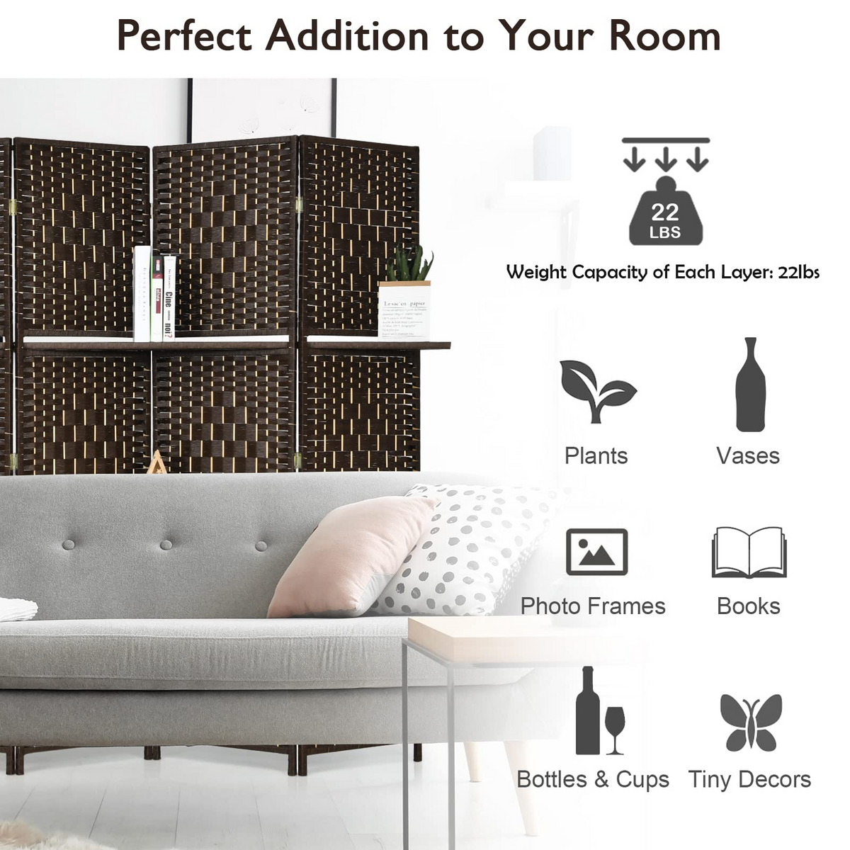 Evangeline 6-Panel Woven Room Divider with Display Shelves