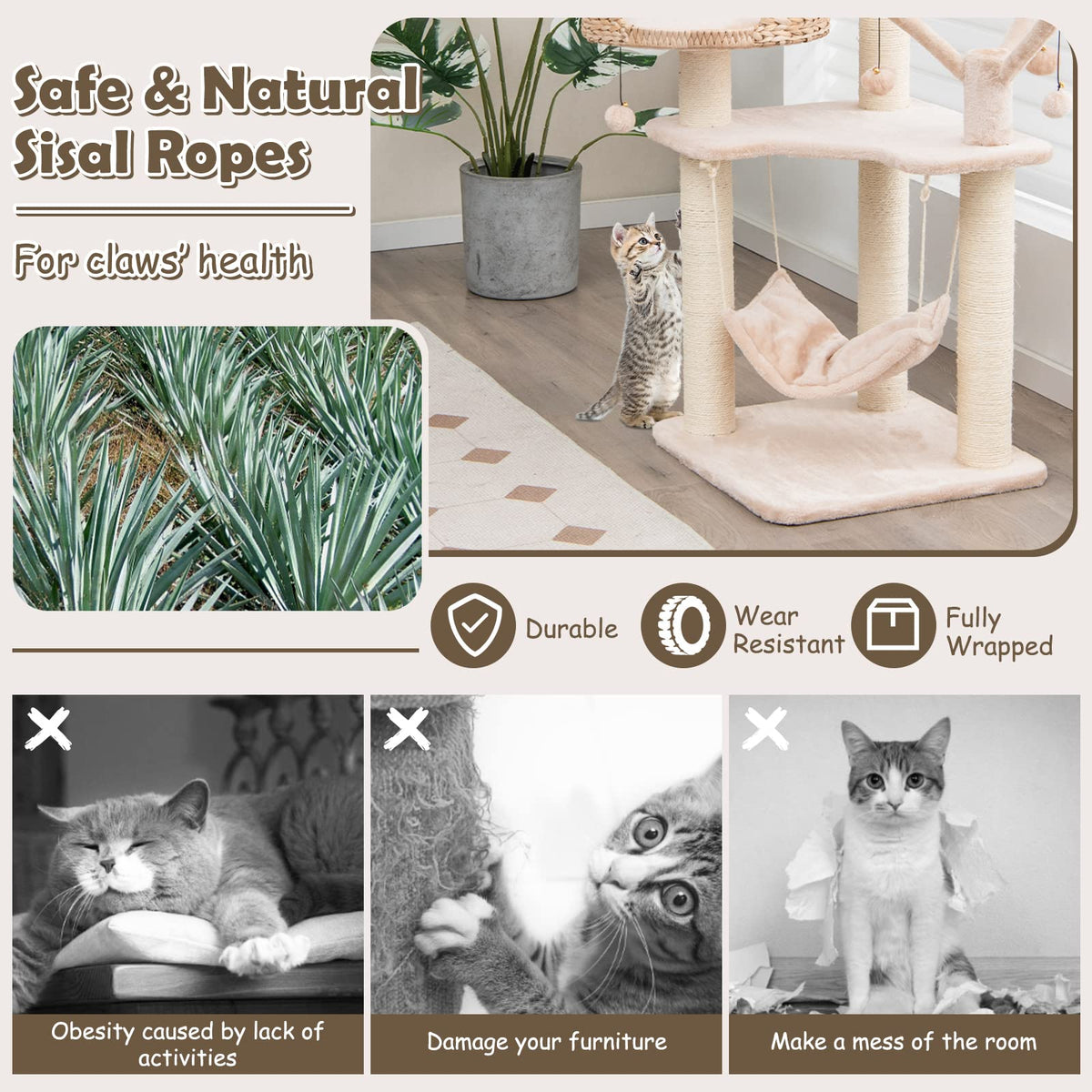 Coco 48" Wooden Cat Tree with Woven Condo, Bed & Hammock, Beige