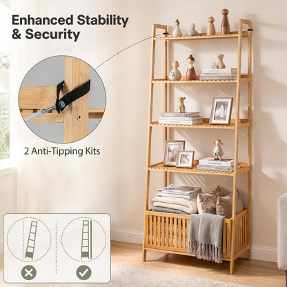 Theodora 66" Bamboo Plant Stand Ladder Shelf with Basket