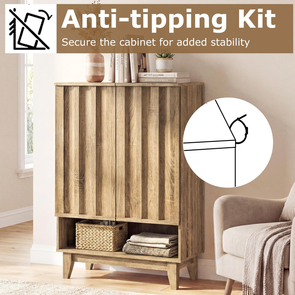 Agnes Fluted Shoe Cabinet with 2 Doors & 5 Shelves, Rustic Oak