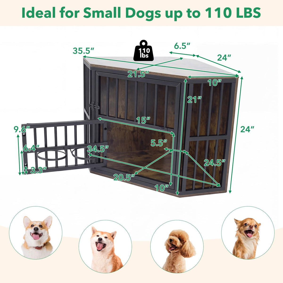 Penny Corner Dog Crate Furniture with Adjustable Feeder, Rustic Brown