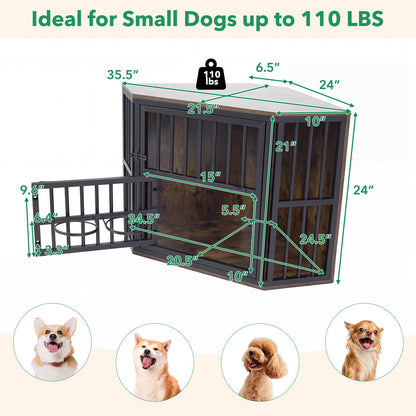 Penny Corner Dog Crate Furniture with Adjustable Feeder, Rustic Brown
