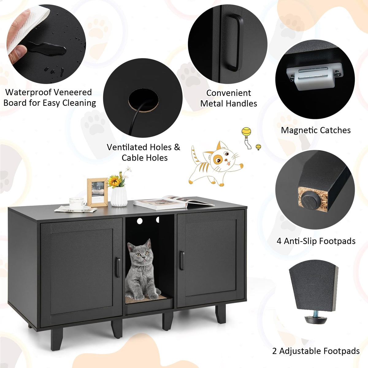 Clover Double Cat Litter Box Enclosure & TV Stand with Scratching Board, Black