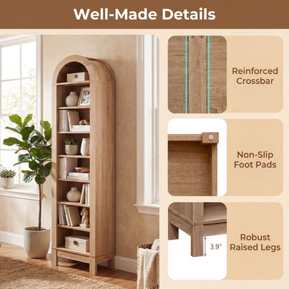 Rosamund 71" Arched 8-Tier Bookshelf in Natural Wood Finish