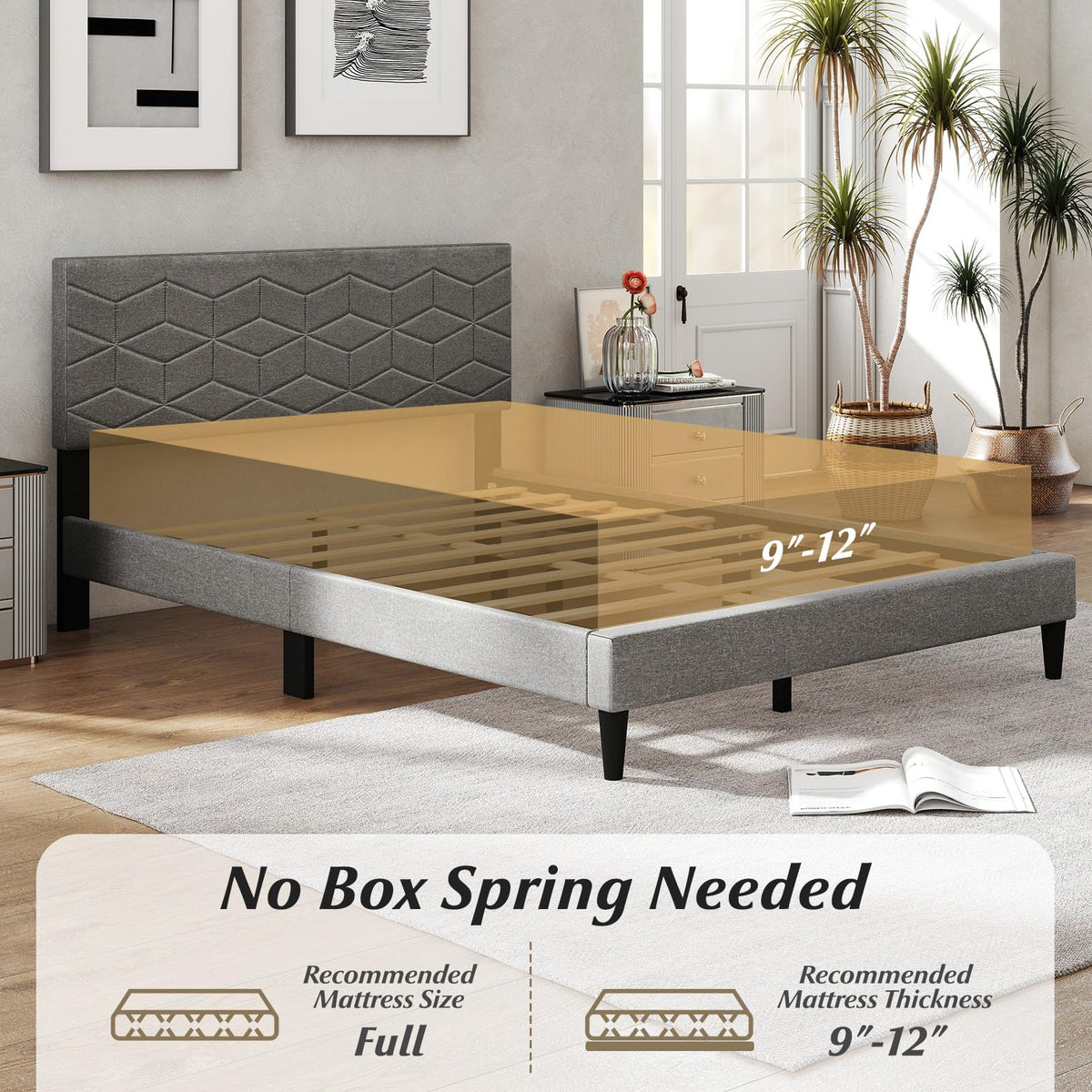 Aurelia Queen Upholstered Platform Bed Frame with Geometric Headboard