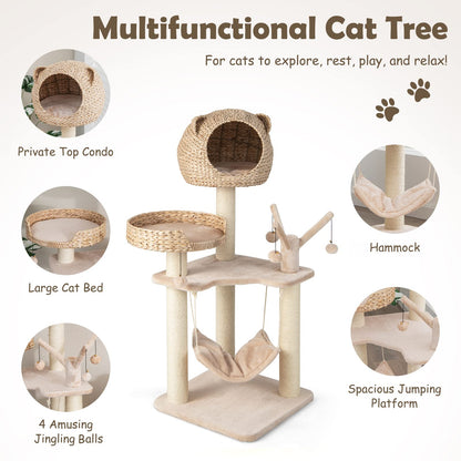 Coco 48" Wooden Cat Tree with Woven Condo, Bed & Hammock, Beige