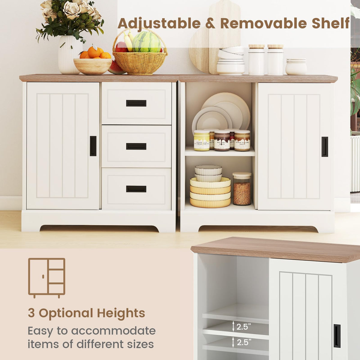 Lottie Small Farmhouse Sideboard with 3 Drawers & Sliding Door, White