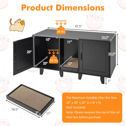 Clover Double Cat Litter Box Enclosure & TV Stand with Scratching Board, Black