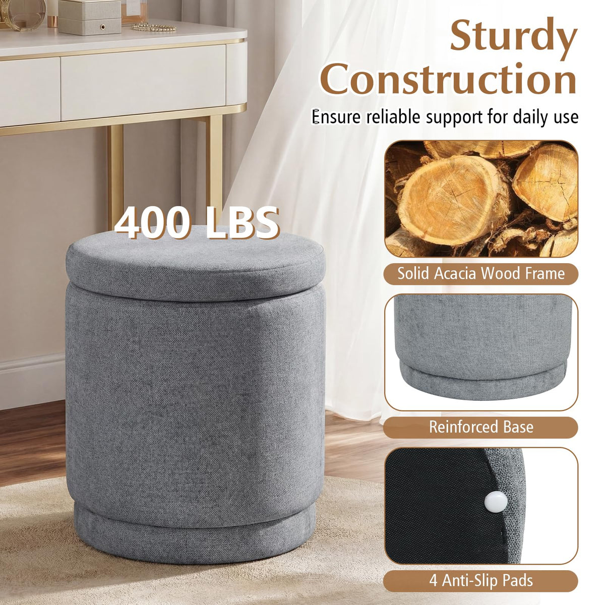 Mirabel Round Chenille Storage Ottoman (Warm Light Gray)