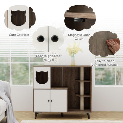 Lulu Cat Litter Box Enclosure with Cat Tree & Condo, Brown & White
