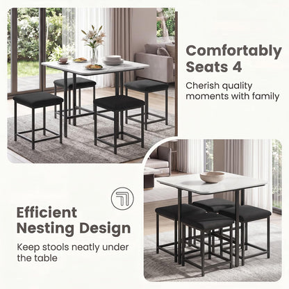 Bernadette 5-Piece Faux Marble Dining Set with 4 Tuck-Away Stools