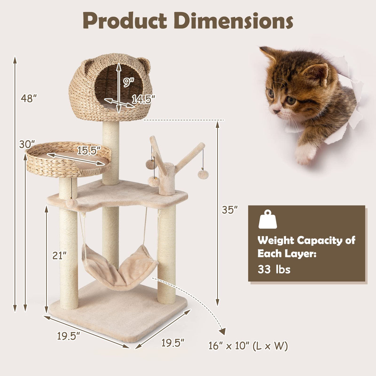Coco 48" Wooden Cat Tree with Woven Condo, Bed & Hammock, Beige
