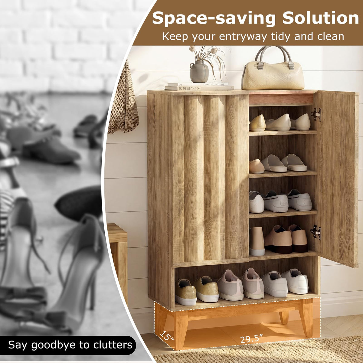 Agnes Fluted Shoe Cabinet with 2 Doors & 5 Shelves, Rustic Oak