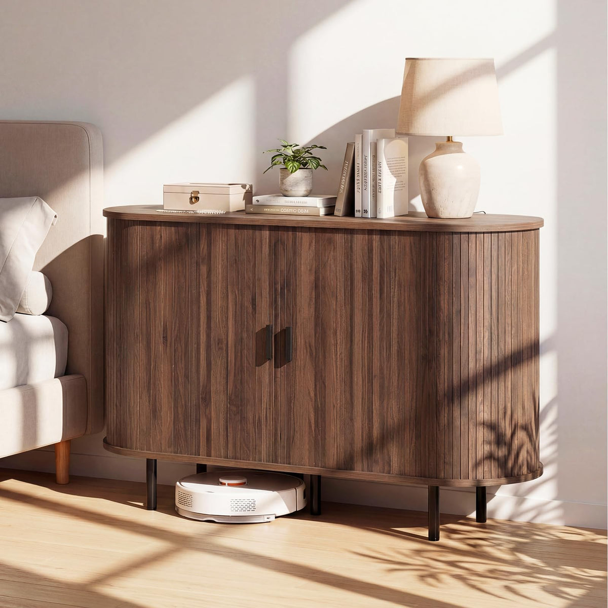 Simone 47" Fluted Sideboard Buffet Cabinet with Tambour Sliding Doors, Walnut