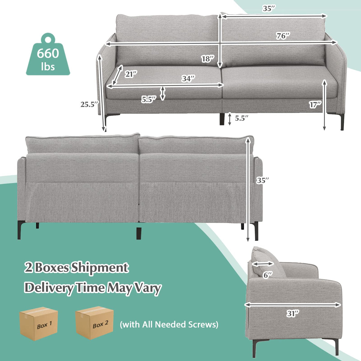 Leonora 76" Modern Gray Sofa with Removable Cushion Covers