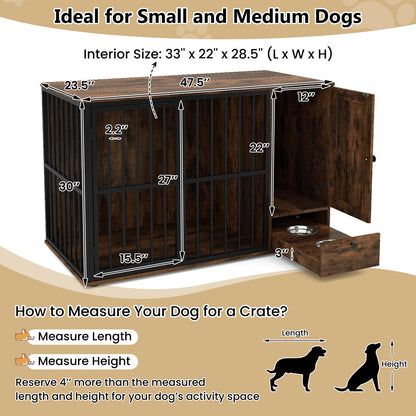 Winnie 47.5" Dog Crate Furniture with Feeding Drawer & Side Cabinet, Rustic Brown