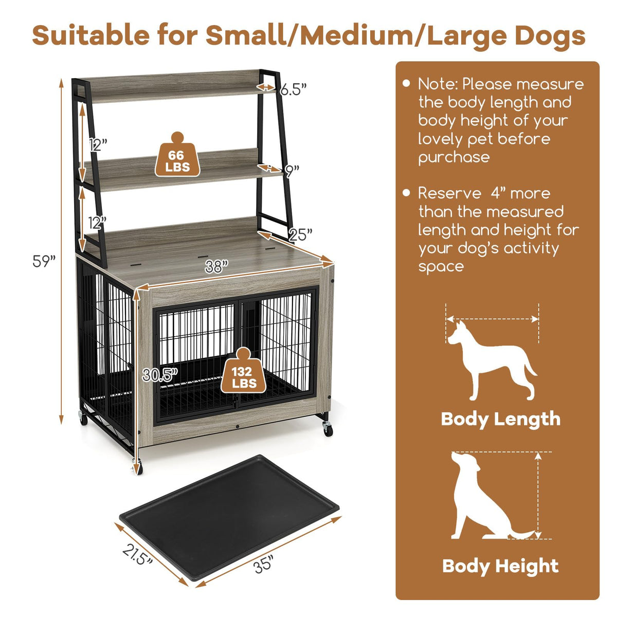 Bonnie 38" Dog Crate Furniture with Storage Shelves & Wheels, Oak Gray