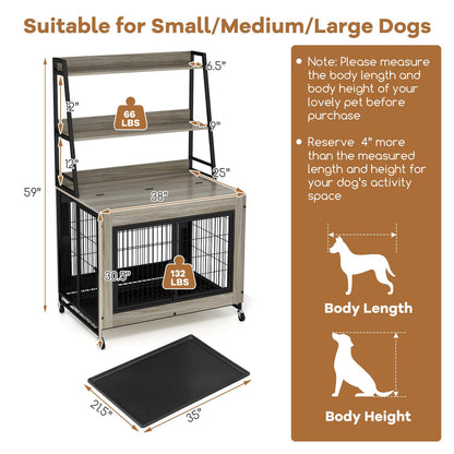 Bonnie 38" Dog Crate Furniture with Storage Shelves & Wheels, Oak Gray