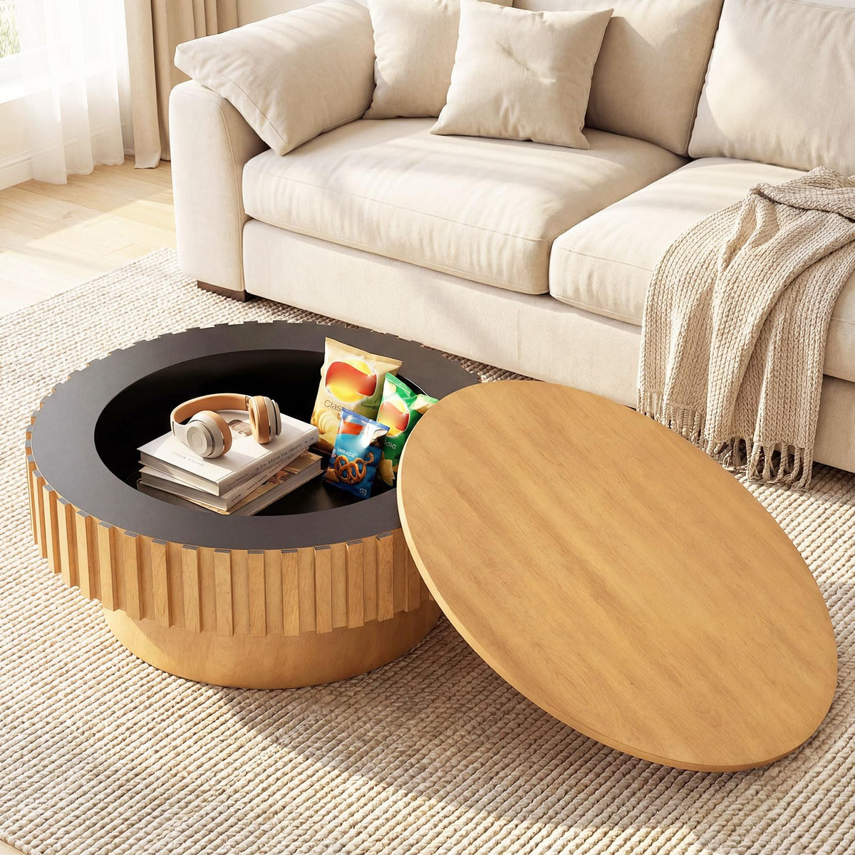 Lorelei 31" Round Fluted Drum Coffee Table with Hidden Storage
