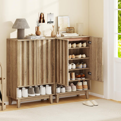 Agnes Fluted Shoe Cabinet with 2 Doors & 5 Shelves, Rustic Oak