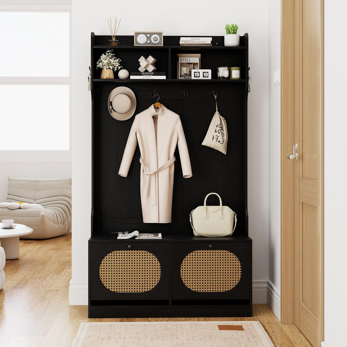 Genevieve 4-in-1 Rattan Hall Tree with Shoe Bench and Flip Drawers