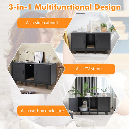 Clover Double Cat Litter Box Enclosure & TV Stand with Scratching Board, Black
