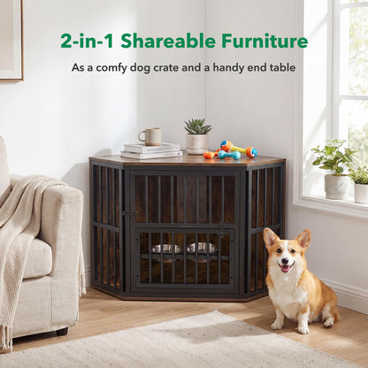 Penny Corner Dog Crate Furniture with Adjustable Feeder, Rustic Brown