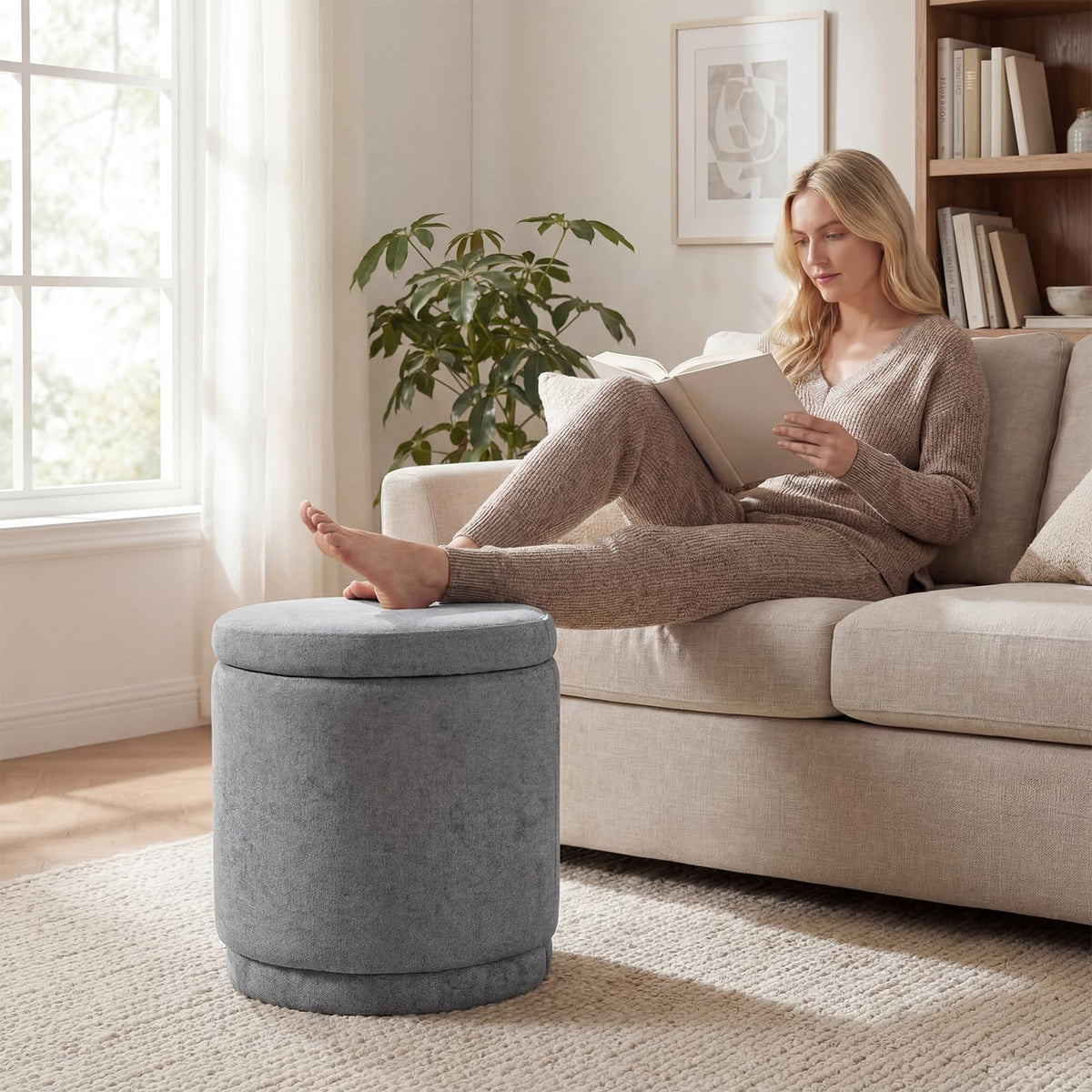 Mirabel Round Chenille Storage Ottoman (Warm Light Gray)