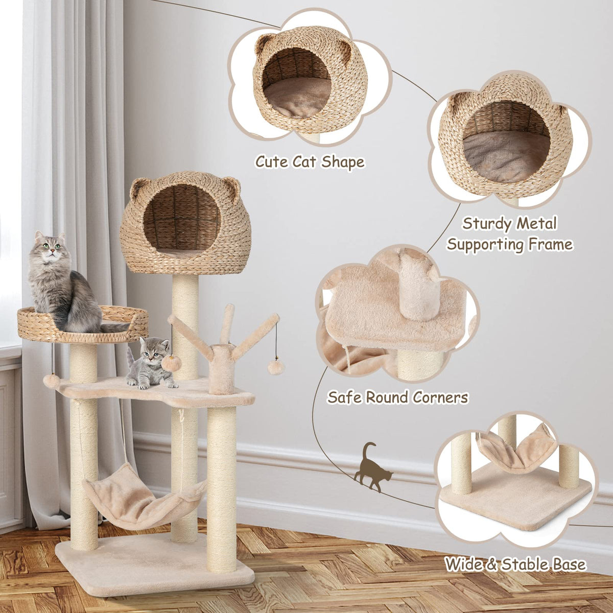 Coco 48" Wooden Cat Tree with Woven Condo, Bed & Hammock, Beige