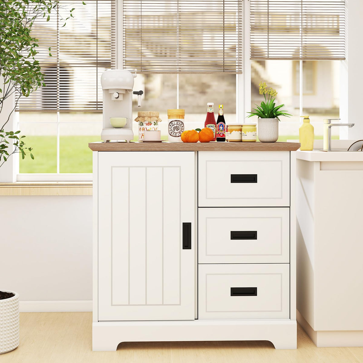 Lottie Small Farmhouse Sideboard with 3 Drawers & Sliding Door, White