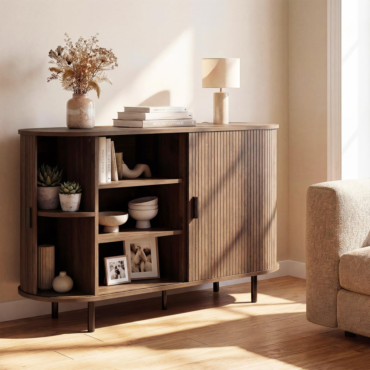Simone 47" Fluted Sideboard Buffet Cabinet with Tambour Sliding Doors, Walnut