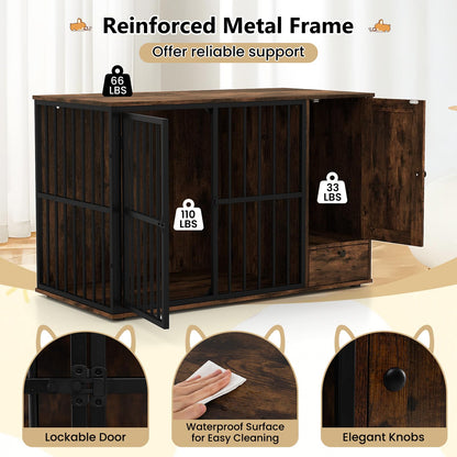 Winnie 47.5" Dog Crate Furniture with Feeding Drawer & Side Cabinet, Rustic Brown