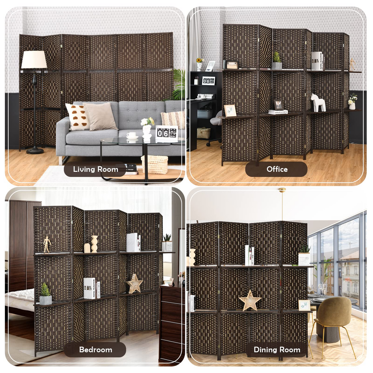 Evangeline 6-Panel Woven Room Divider with Display Shelves