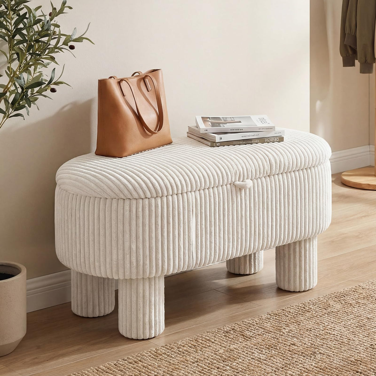 Araminta 42" Ivory Corduroy Storage Ottoman Bench