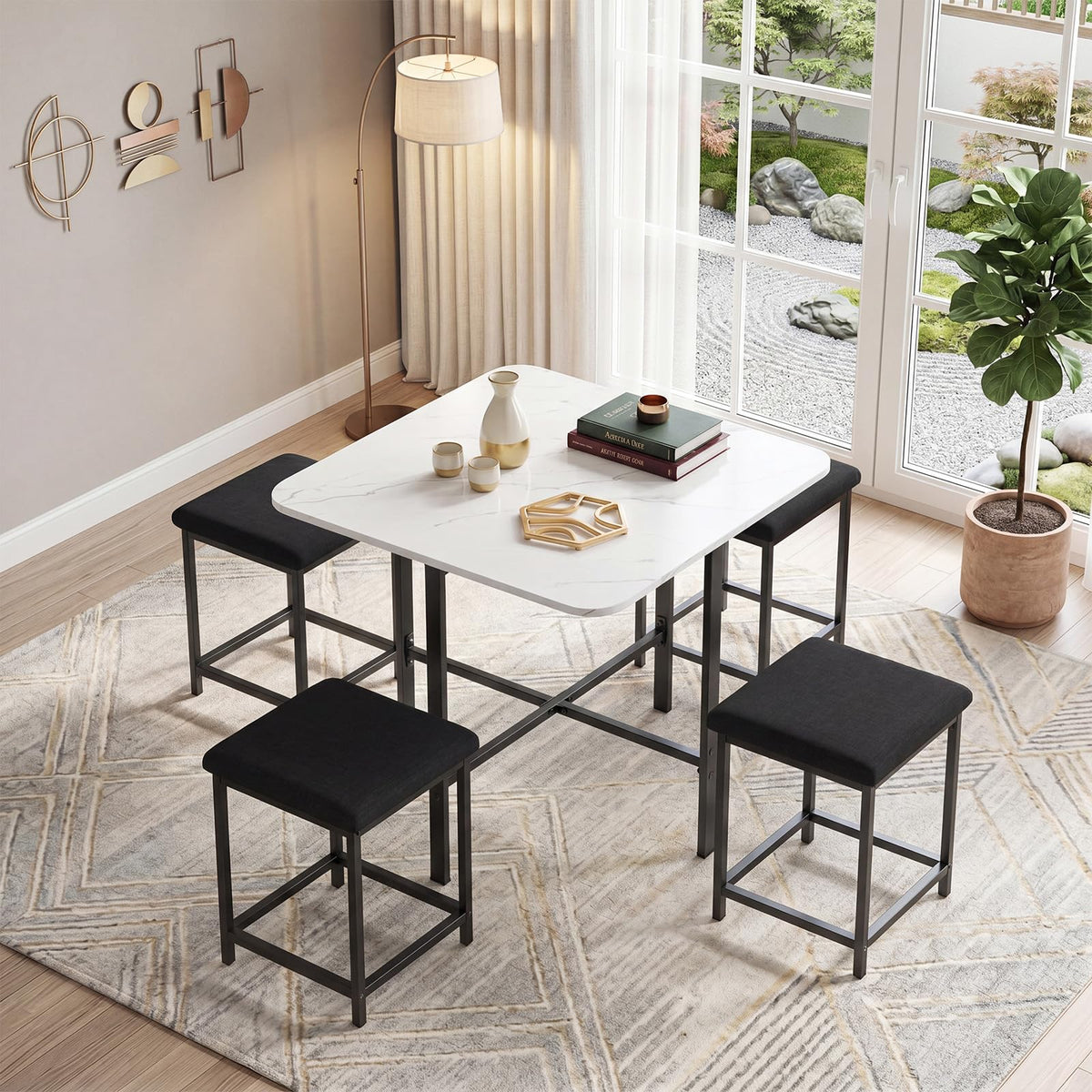 Bernadette 5-Piece Faux Marble Dining Set with 4 Tuck-Away Stools