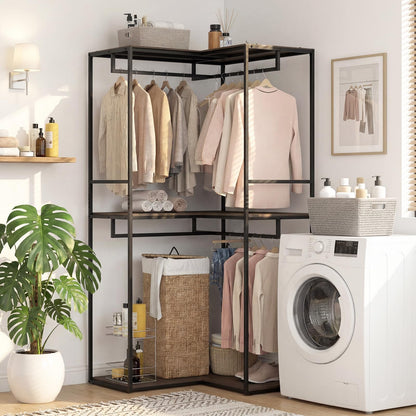 Estelle L-Shaped Corner Clothes Rack with 3 Shelves and 2 Rods