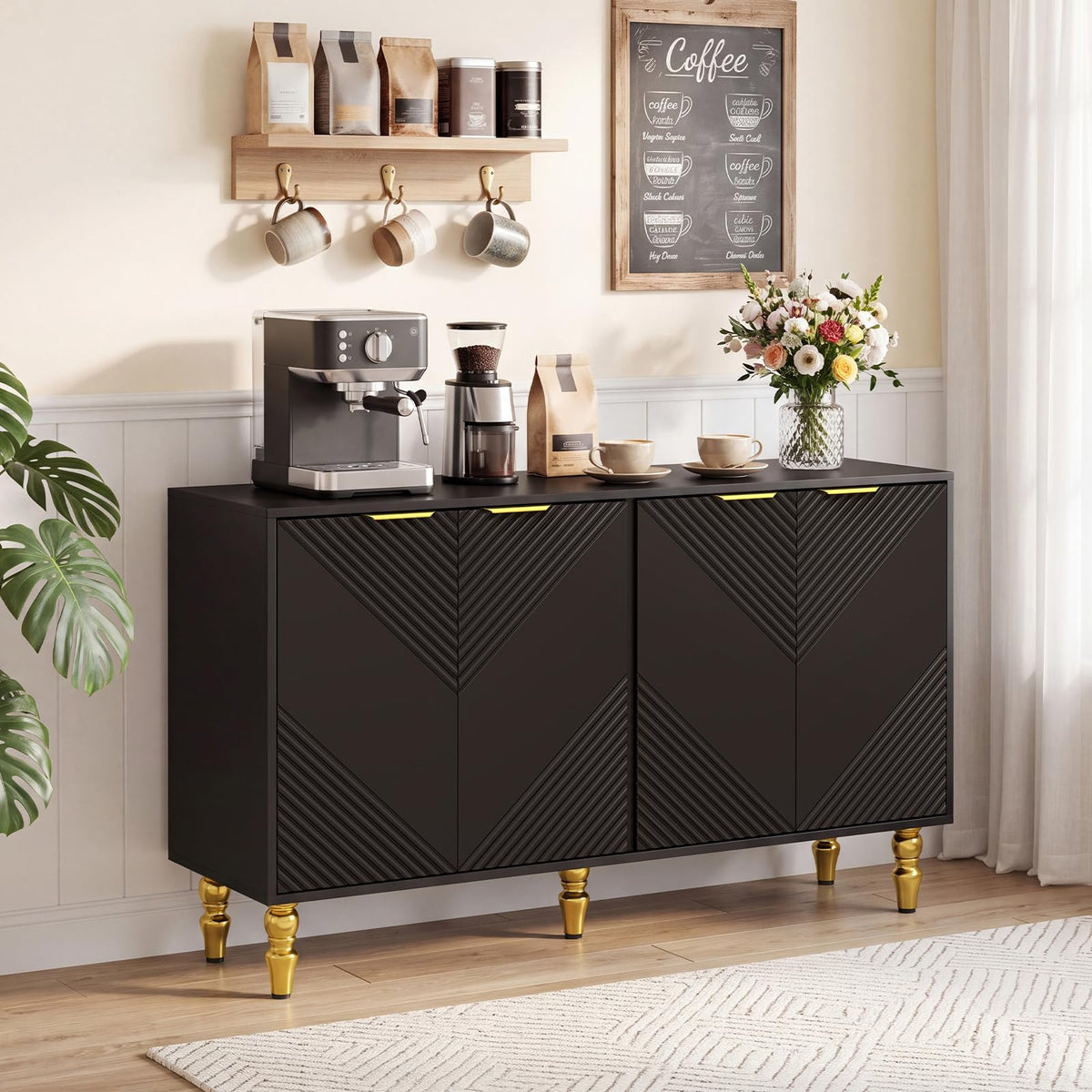 Liesel 47" Chevron Fluted Sideboard with 4 Doors & Gold Legs, Black