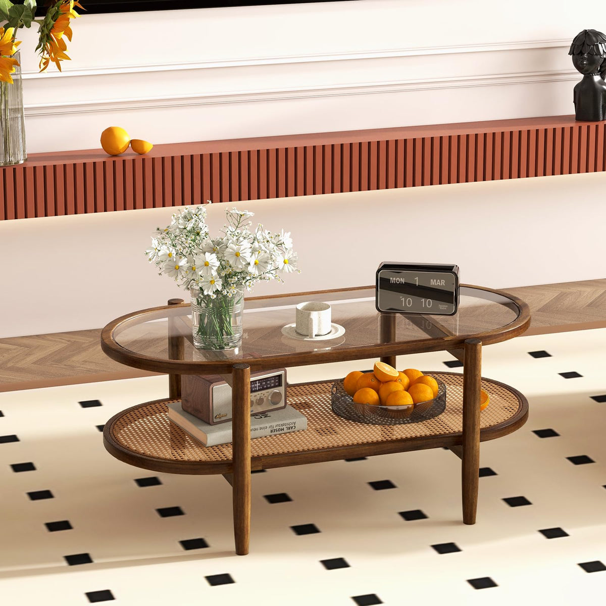 Maris Boho Rattan Coffee Table with Glass Top