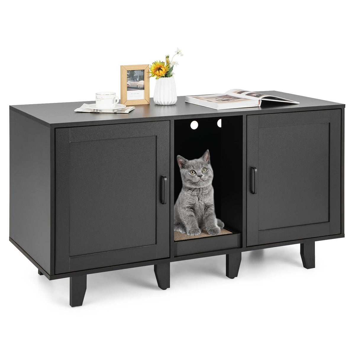 Clover Double Cat Litter Box Enclosure & TV Stand with Scratching Board, Black