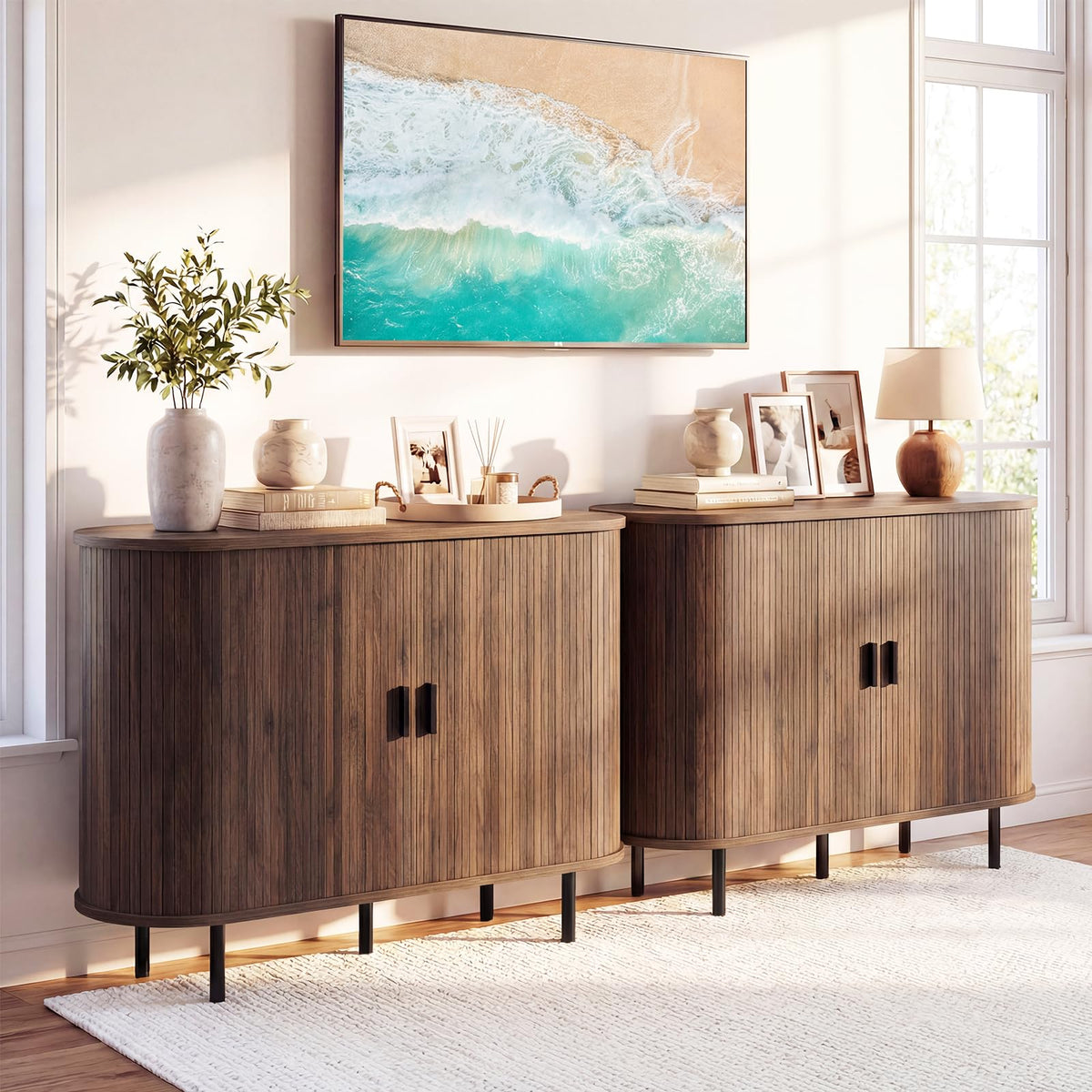 Simone 47" Fluted Sideboard Buffet Cabinet with Tambour Sliding Doors, Walnut