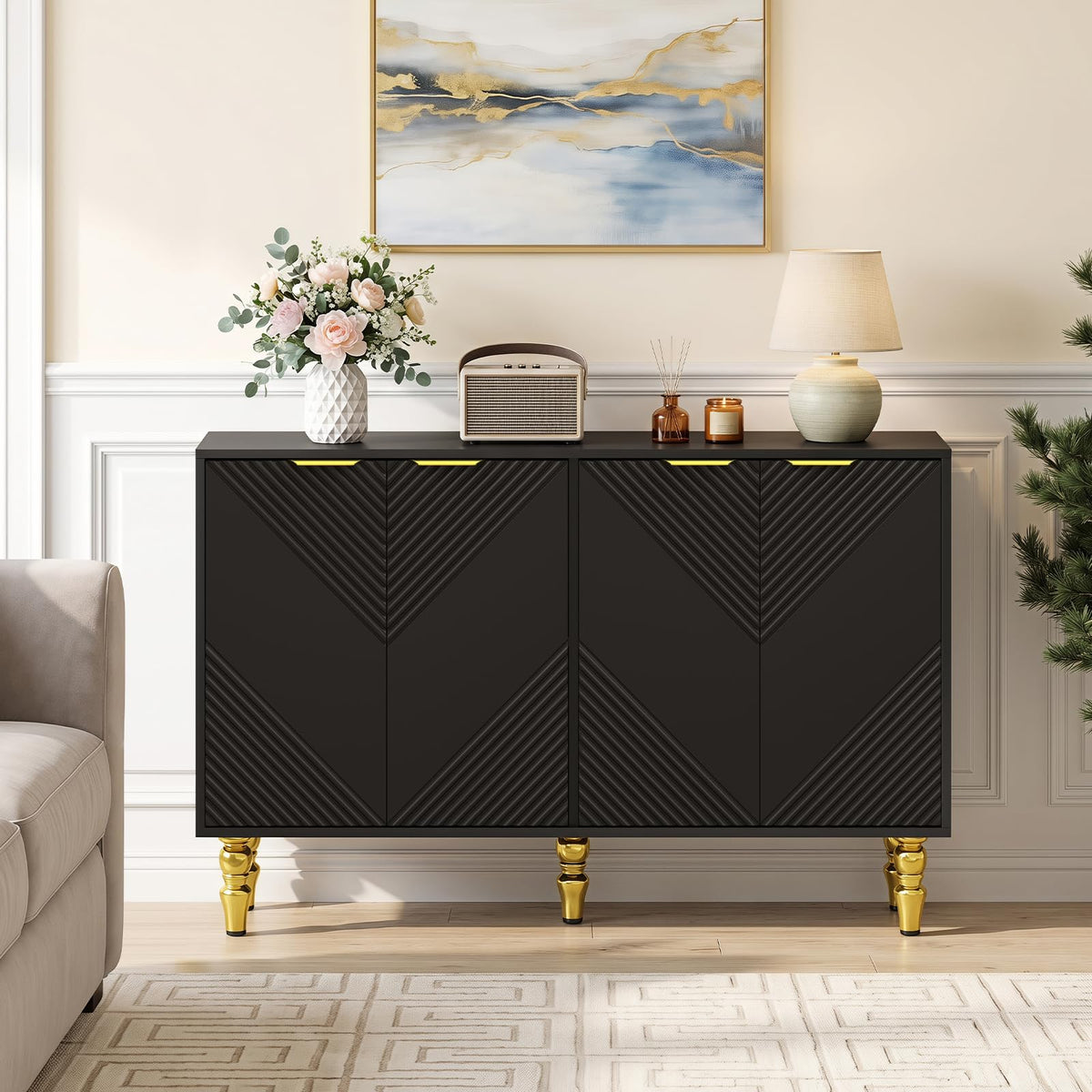 Liesel 47" Chevron Fluted Sideboard with 4 Doors & Gold Legs, Black
