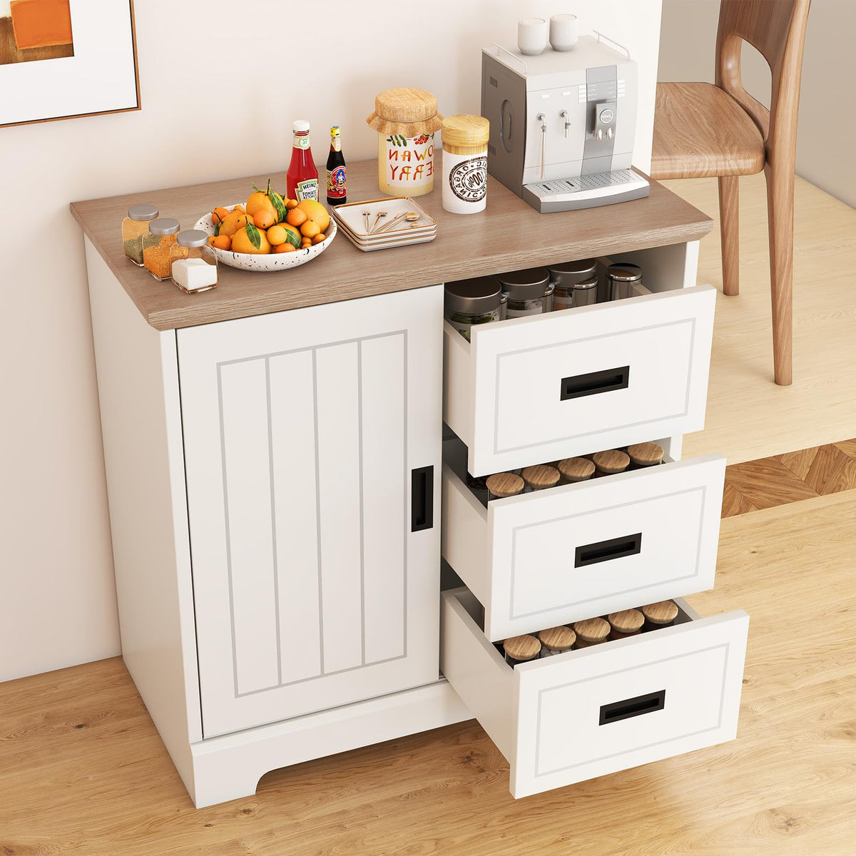 Lottie Small Farmhouse Sideboard with 3 Drawers & Sliding Door, White
