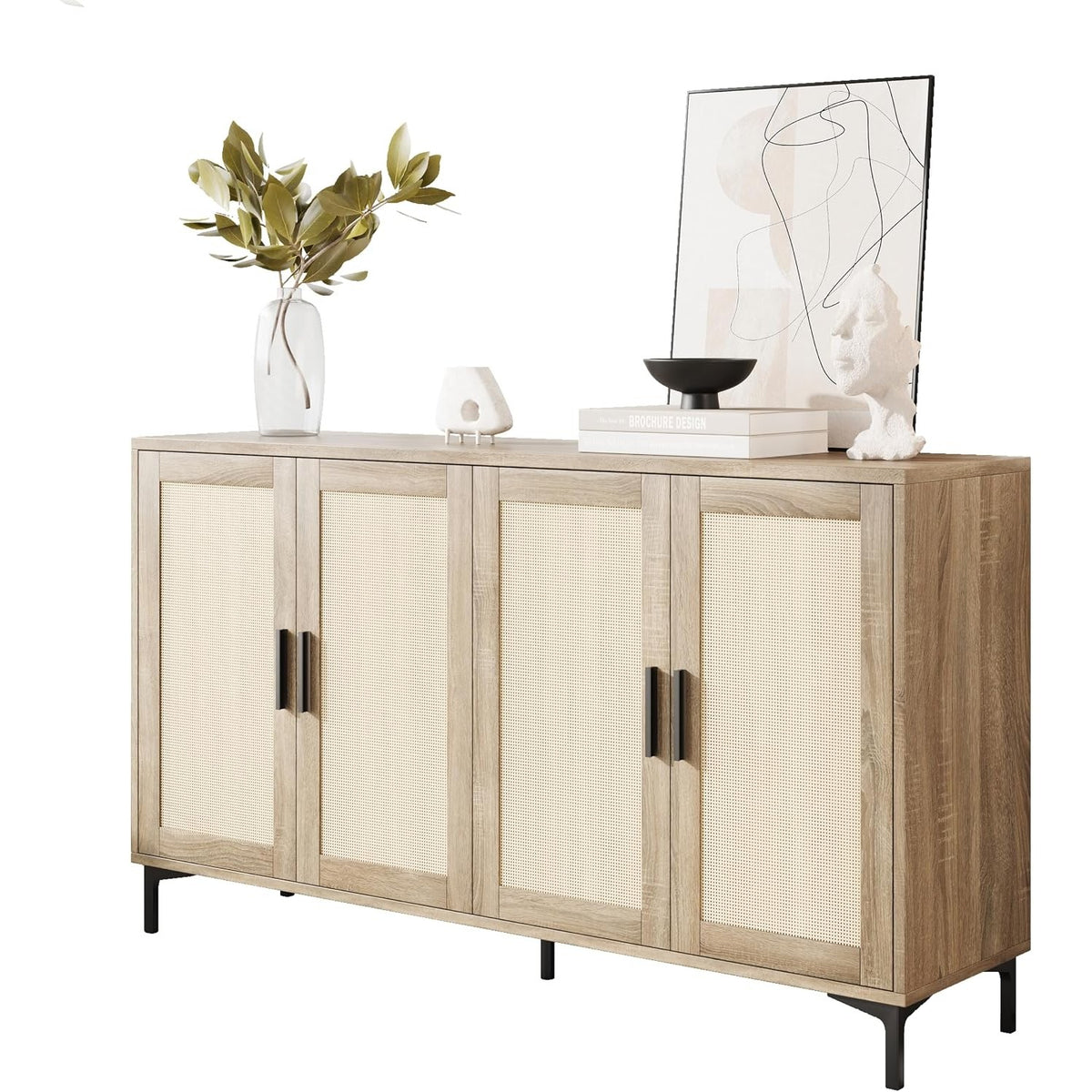 Junia 48" Rattan Sideboard Buffet Cabinet with 4 Doors & Adjustable Shelves, Light Oak
