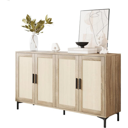 Junia 48" Rattan Sideboard Buffet Cabinet with 4 Doors & Adjustable Shelves, Light Oak