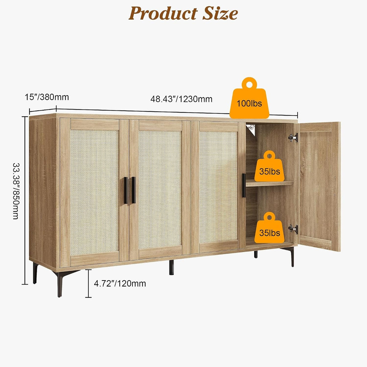 Junia 48" Rattan Sideboard Buffet Cabinet with 4 Doors & Adjustable Shelves, Light Oak
