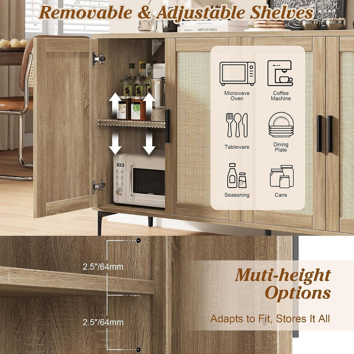 Junia 48" Rattan Sideboard Buffet Cabinet with 4 Doors & Adjustable Shelves, Light Oak