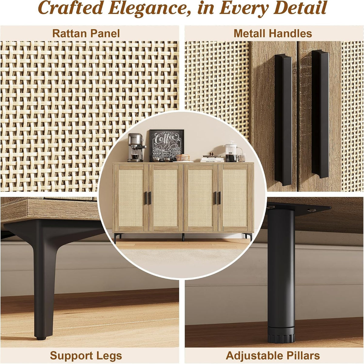 Junia 48" Rattan Sideboard Buffet Cabinet with 4 Doors & Adjustable Shelves, Light Oak
